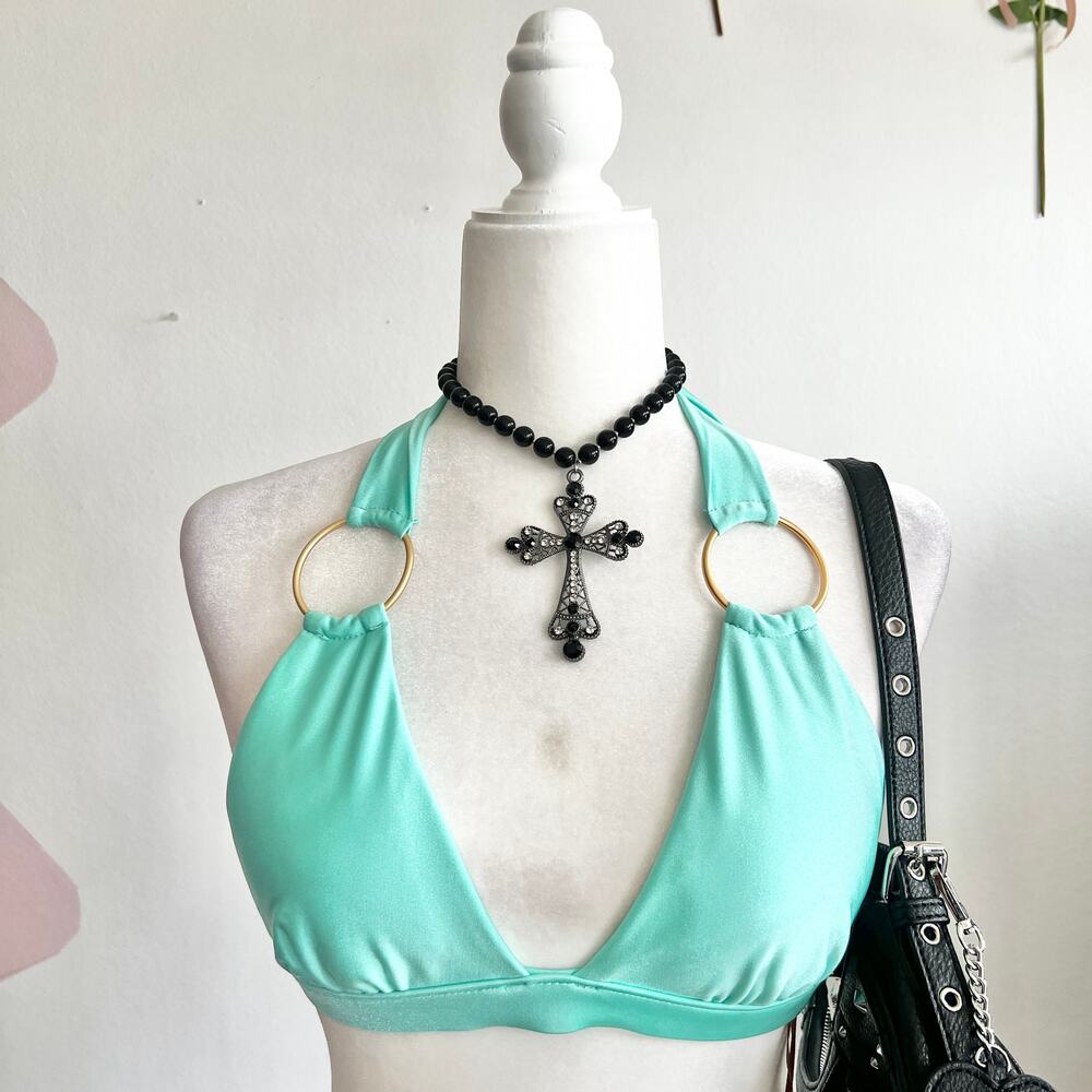 Halter Bikini Top in Mint with Gold Ring Accents